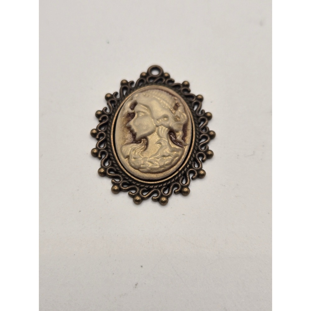 Vintage Style Cameo Pendant Antiqued Bronze Tone Filigree Victorian Charm Cream